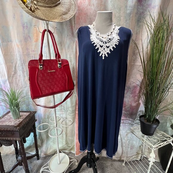 📌Max Studio Comfy Navy Blue Viscose Blend Plus Size Dress Embroidered Yolk - Picture 1 of 14
